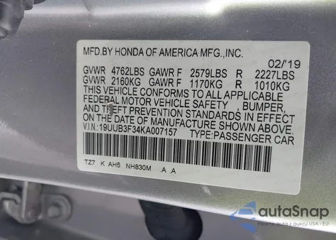 2019 Acura Tlx Standard z USA, uszkodzony, nr VIN 19UUB3F34KA007157